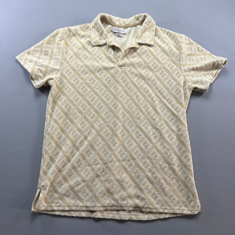 Standard Cloth Jacquard Polo Shirt Mens Medium Beige Geometric Classic Collar